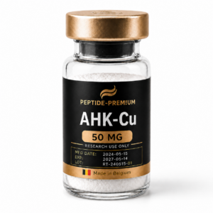 Flacon AHK-Cu 50 mg PEPTIDE-PREM!UM sur fond blanc, usage recherche uniquement