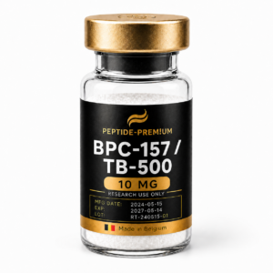 Flacon BPC-157 / TB-500 10 mg PEPTIDE-PREM!UM sur fond blanc, usage recherche uniquement