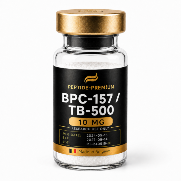Flacon BPC-157 / TB-500 10 mg PEPTIDE-PREM!UM sur fond blanc, usage recherche uniquement
