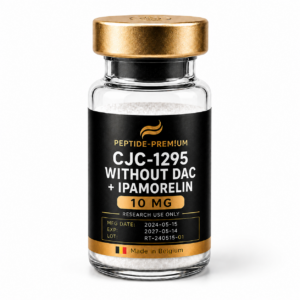 Flacon CJC-1295 without DAC + Ipamorelin 10 mg PEPTIDE-PREM!UM sur fond blanc, usage recherche uniquement