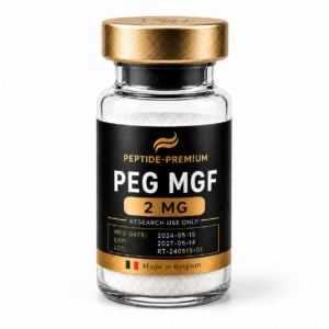 Flacon PEG MGF 2 mg PEPTIDE-PREM!UM sur fond blanc, usage recherche uniquement
