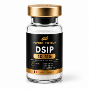 Flacon DSIP 10 mg PEPTIDE-PREM!UM sur fond blanc, usage recherche uniquement