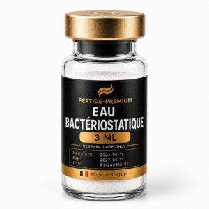 Flacon Eau bactériostatique 3 ml PEPTIDE-PREM!UM sur fond blanc, usage recherche uniquement