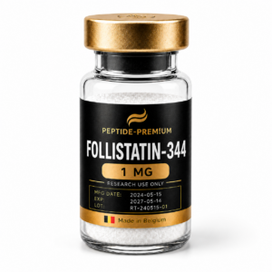 Flacon Follistatin 344 1 mg PEPTIDE-PREM!UM sur fond blanc, usage recherche uniquement