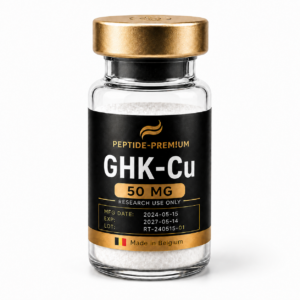 Flacon GHK-Cu 50 mg PEPTIDE-PREM!UM sur fond blanc, usage recherche uniquement