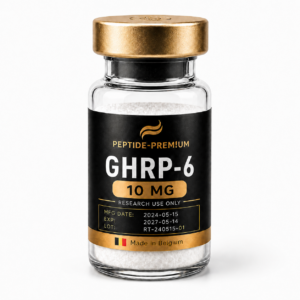 Flacon GHRP-6 10 mg PEPTIDE-PREM!UM sur fond blanc, usage recherche uniquement