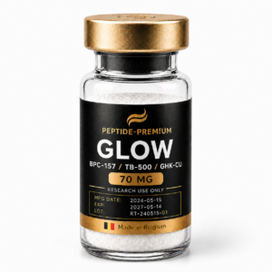 Flacon GLOW BPC-157 TB-500 GHK-Cu 70 mg PEPTIDE-PREM!UM sur fond blanc, usage recherche uniquement