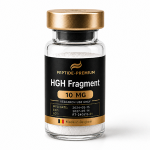 Flacon HGH Fragment 10 mg PEPTIDE-PREM!UM sur fond blanc, usage recherche uniquement