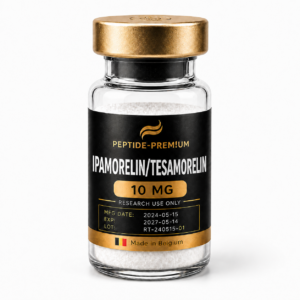 Flacon Ipamorelin / Tesamorelin 10 mg PEPTIDE-PREM!UM sur fond blanc, usage recherche uniquement