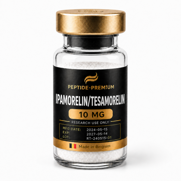 Flacon Ipamorelin / Tesamorelin 10 mg PEPTIDE-PREM!UM sur fond blanc, usage recherche uniquement