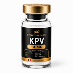 Flacon KPV 10 mg PEPTIDE-PREM!UM sur fond blanc, usage recherche uniquement