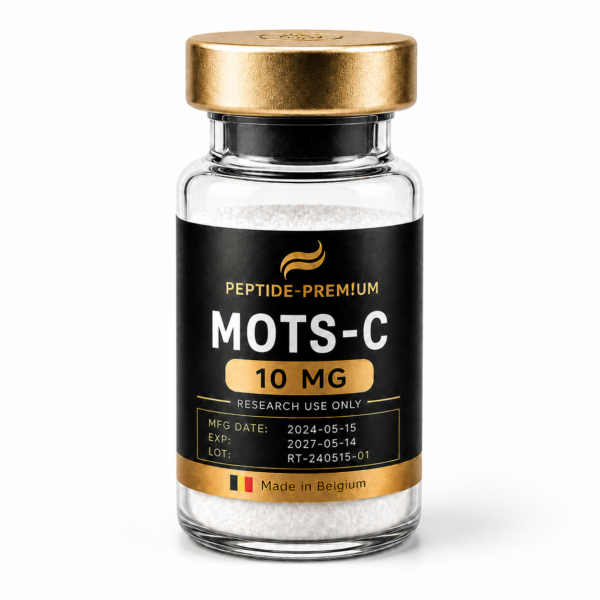 Flacon MOTS-C 10 mg PEPTIDE-PREM!UM sur fond blanc, usage recherche uniquement