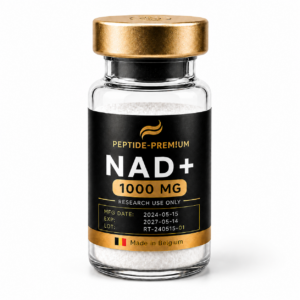 Flacon NAD+ 1000 mg PEPTIDE-PREM!UM sur fond blanc, usage recherche uniquement