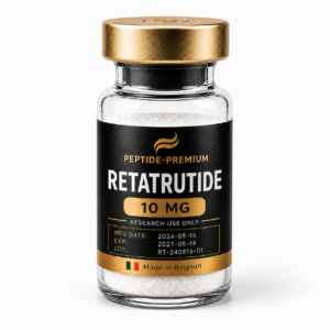 בקבוקון רטטרוטיד 10 מ"ג PEPTIDE-PREM!UM על רקע לבן, לשימוש מחקרי בלבד