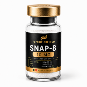 Flacon SNAP-8 10 mg PEPTIDE-PREM!UM sur fond blanc, usage recherche uniquement
