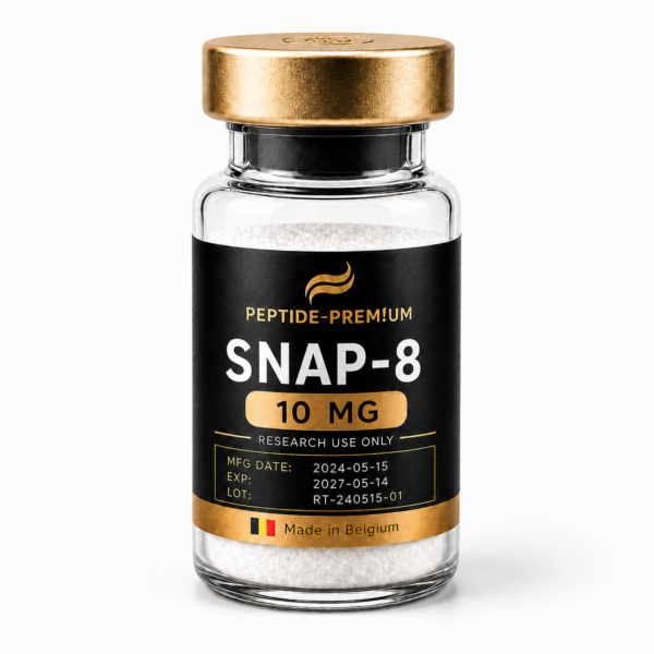Hætteglas med SNAP-8 10 mg PEPTIDE-PREM!UM på hvid baggrund, kun til forskningsbrug