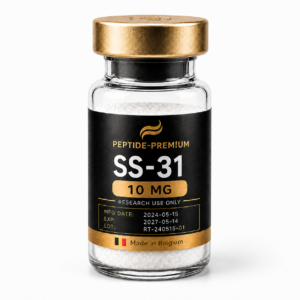 Flacon SS-31 10 mg PEPTIDE-PREM!UM sur fond blanc, usage recherche uniquement