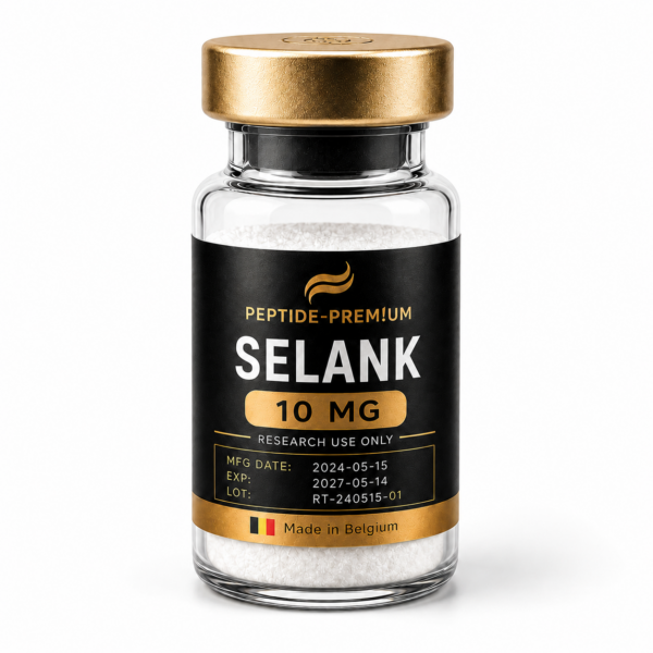 Frasco Selank 10 mg PEPTIDE-PREM!UM em fundo branco, uso em pesquisa apenas