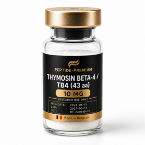 Flacon Thymosin Beta-4 TB4 43 aa 10 mg PEPTIDE-PREM!UM sur fond blanc, usage recherche uniquement