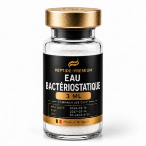 Flacon Eau bactériostatique 3 ml PEPTIDE-PREM!UM sur fond blanc, usage recherche uniquement