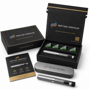 Pen KIT Box avec stylo réutilisable cartouche 3 ml PEPTIDE-PREM!UM sur fond blanc