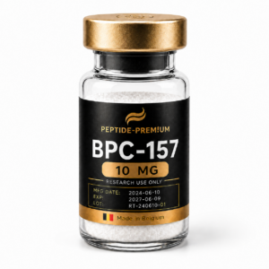 Flacon BPC-157 10 mg PEPTIDE-PREM!UM sur fond blanc, usage recherche uniquement
