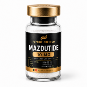 Flacon Mazdutide 10 mg PEPTIDE-PREM!UM sur fond blanc, usage recherche uniquement