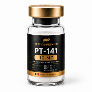 בקבוקון PT-141 10 מ"ג PEPTIDE-PREM!UM על רקע לבן, לשימוש מחקרי בלבד