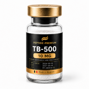 Flacon TB-500 10 mg PEPTIDE-PREM!UM sur fond blanc, usage recherche uniquement