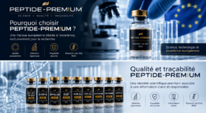 Pourquoi choisir PEPTIDE-PREM!UM : illustration de la qualité européenne, de la traçabilité, de la sélection rigoureuse et du cadre Research Use Only (RUO).